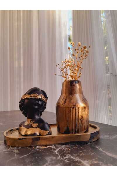 DNZ DEKOR Antik Kadın Figürlü 3'lü Oval Vazo Seti & Dekoratif Obje & Tabak & ...