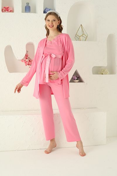 JENİKA Pink Lace and Breastfeeding Detail Maternity Pajamas Set