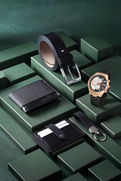 Polo Air Erkek Kol Saati Kemer Cüzdan Kartlık Anahtarlık Kombin Set Siyah Ren...