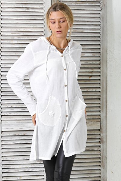 Chiccy White Hooded Long Sleeve Buttoned Double Pocket Woven Long Fit Hooded Jacket