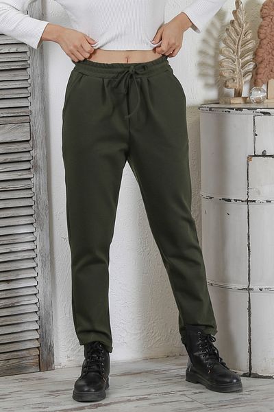 Chiccy Pantaloni interlock casual din oțel cu două picioare, tricotați cu buzunar dublu, kaki închis, cu talie elastică și legată