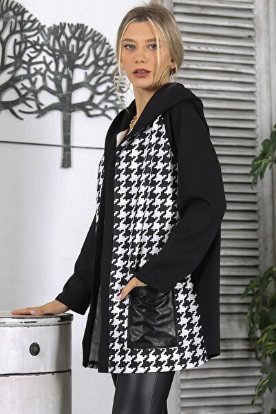 Chiccy Black Hooded Long Sleeve Houndstooth Double Pocket Leather Garnished Knitted Jacket