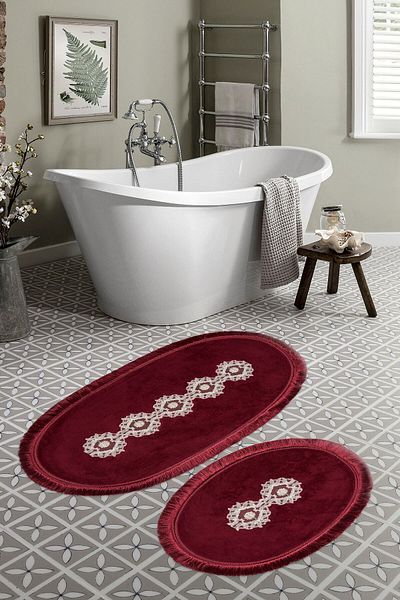 Alanur Home Set de toaletă de baie din 2 piese din dantelă Welsoft cu franjuri Eiffel, roșu claret