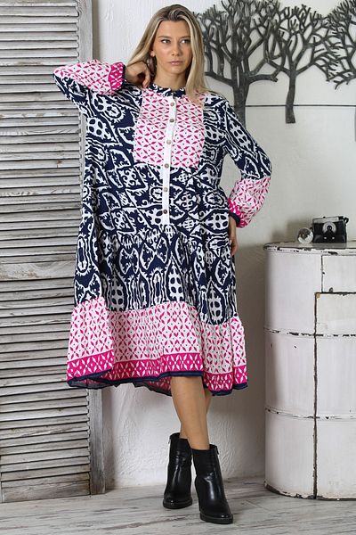 Chiccy Navy Blue-White-Pink Magnificent Collar Long Sleeve Buttoned Ruffle Wide Cut Woven Casual Dress