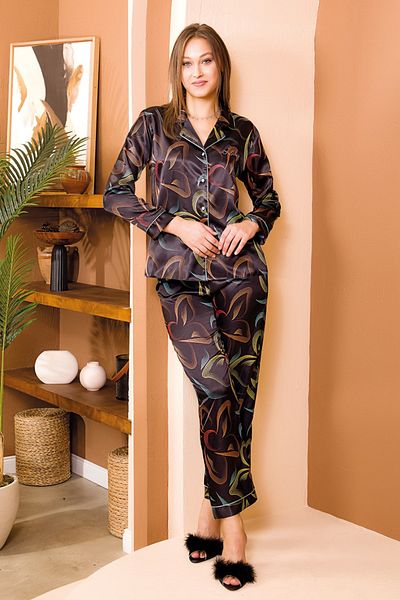 Jenny Daphne Lady Satin Black Motif Printed Luxury A Quality Satin Nightgown Set LADY-15078