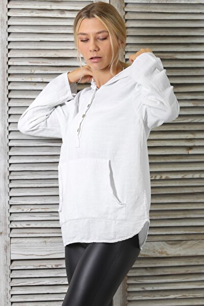 Chiccy Λευκή κουκούλα με μακρυμάνικο κουμπιά καγκουρό τσέπη πλενόμενη υφαντή μπλούζα με φαρδιά κοπή