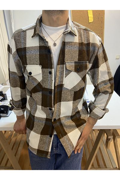 Tarz Cool Cămașă în carouri pentru bărbați, alb-maro-albastru, slim fit, cu buzunar dublu