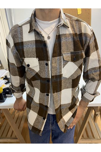Tarz Cool Cămașă în carouri pentru bărbați, alb-maro-albastru, slim fit, cu buzunar dublu