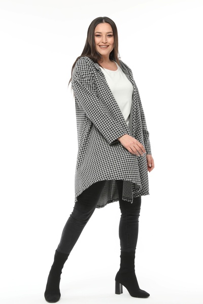 Curvy Trend Plus Size Hooded Houndstooth Jacquard Patterned Cardigan