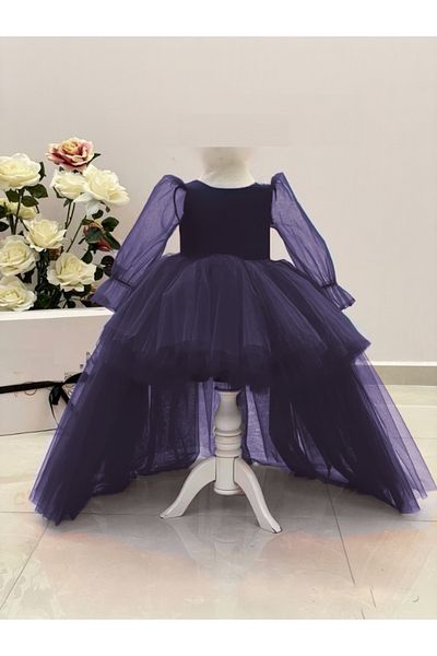 NSMLİFE Children's Front Short Back Long Train Tulle Sleeve Detailed Dress