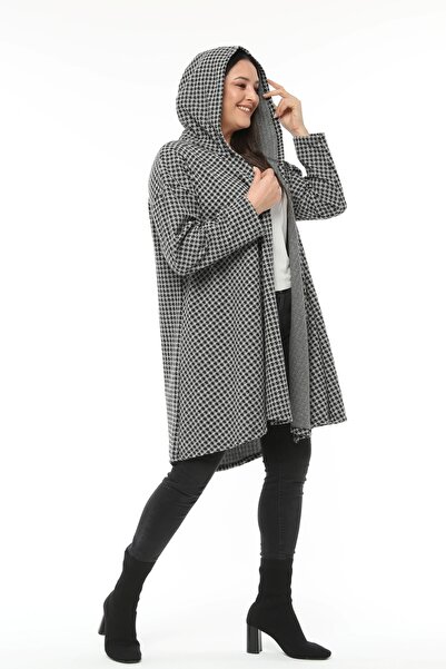Curvy Trend Plus Size Hooded Houndstooth Jacquard Patterned Cardigan