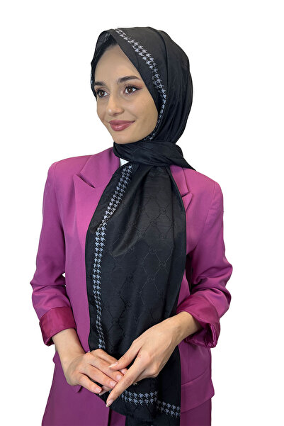 Hint İpek Houndstooth Patterned Monogram Shawl 00910 Black
