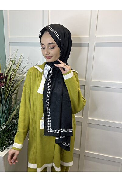 Hint İpek Houndstooth Patterned Monogram Shawl 00910 Black and White