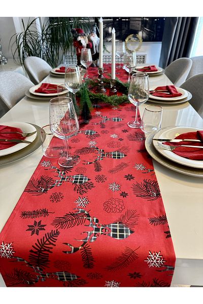 Decamor home New Year Deer Themed Red Runner New Year Table New Year Runner