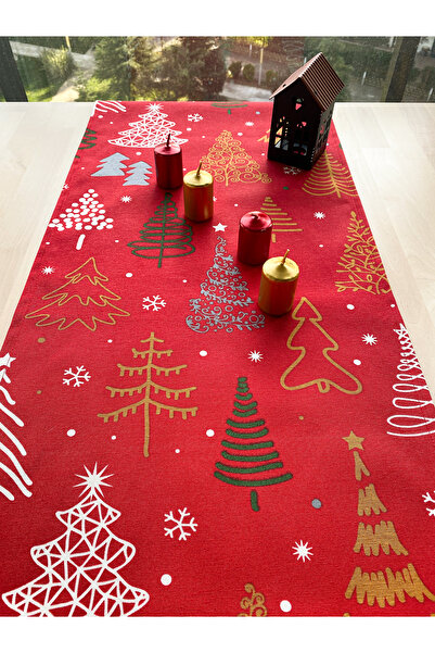 Anı Home Kırmızı Yılbaşı Ağacı Serisi Duck Kumaş Runner Yeni Yıl Konseptli