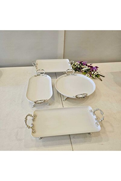 Genel Markalar 4 Parca Kulplu Porselen Sunumluk Gümüş
