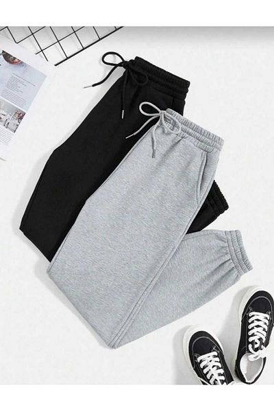 LAND MODA High Waist Elastic Double Jogger Sweatpants - Black and Gray (2 Thread)