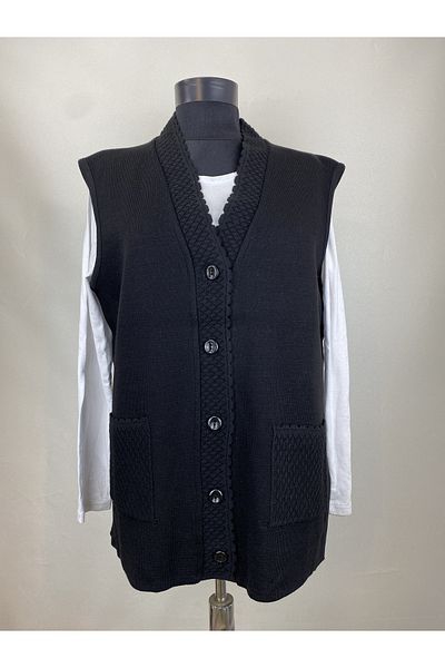 ECALAMODE Mother Short Buttoned Black Sleeveless Knitwear Vest with Pockets