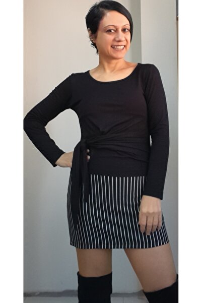 Mertcan Butik Black striped with elastic waist wearable all seasons knitted mini pencil skirt pencil skirt