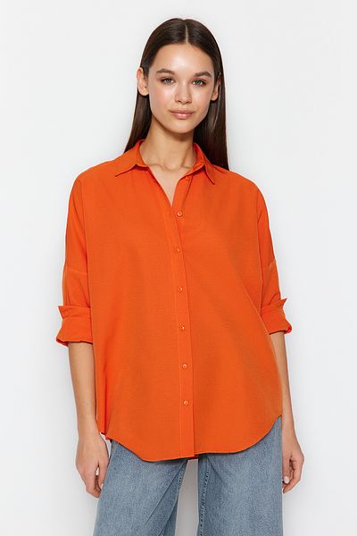 Trendyol Collection Koszula bawełniana oversize w kolorze pomarańczowym, tkana w szeroki wzór TWOSS22GO0669