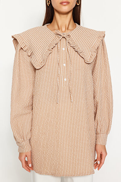 Trendyol Modest Barna baba nyakörv Gingham mintás szövött tunika TCTSS23UK00065