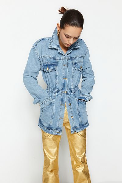 Trendyol Collection Light Blue Elastic Waist Gold Button Detailed Oversize Long Denim Jacket TWOSS24CE00013