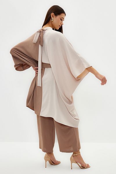 Trendyol Modest Mink színű blokk öves derék tunika-nadrág szőtt öltöny TCTSS23US00046