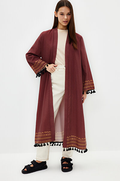 Trendyol Modest Hnědá etnická vzorovaná bavlněná směs dlouhé tkané kimono a kaftan TCTSS23KK00012