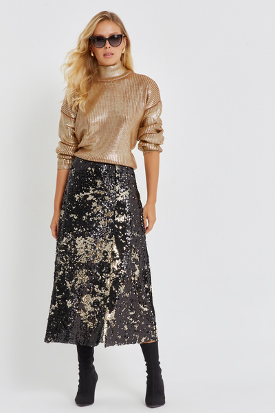 Cool & Sexy Women's Black-Gold Sequined Midi Skirt BK272103