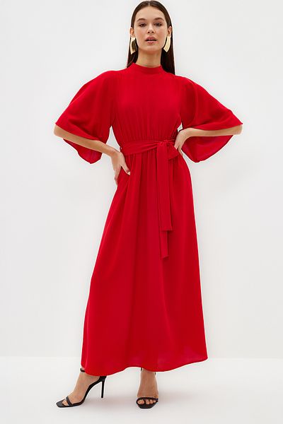 Trendyol Modest Korallenfarbenes, halbärmliges Webkleid mit Gürtel TCTSS24DB00009