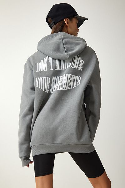 Happiness İstanbul Women's Gray Hooded Rose Gold Printed Sweatshirt OW00002