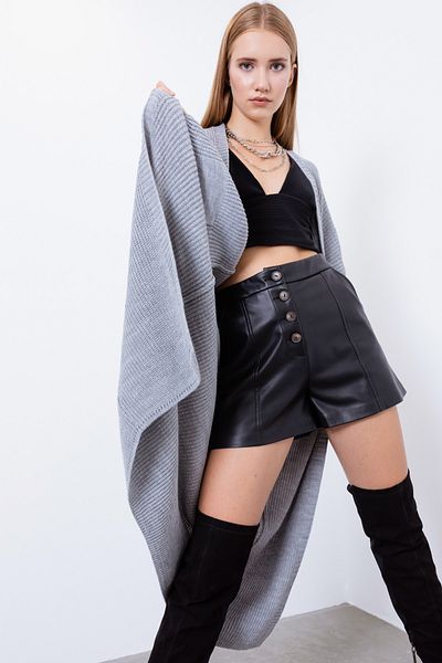 Lafaba Grauer langer Damen-Cardigan mit Ballonärmeln