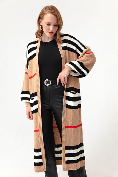 Lafaba Hellbraun-schwarzer, langer Strick-Cardigan mit Ballonärmeln für Damen