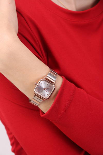 pierrose Gümüş Rose Çift Renk Metal Kordon Vintage Kare Minimal Kadın Kol Saati