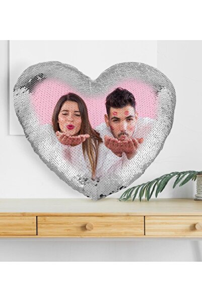 Bk Gift Kişiye Özel Fotoğraflı Gümüş Yaldız Sihirli Kalp Yastık