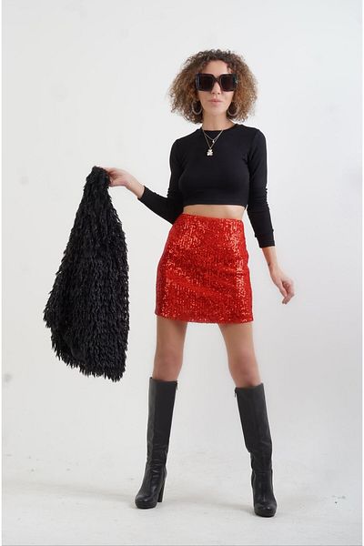 Zelish My Sister Red Sequined Lined Mini Skirt