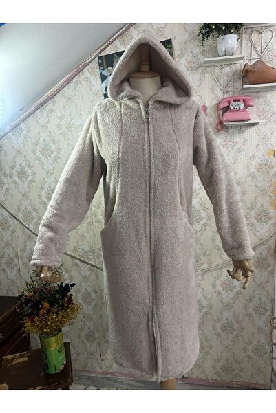 SENTEX Cardigan lung bej cu glugă cu buzunar cu fermoar Welsoft