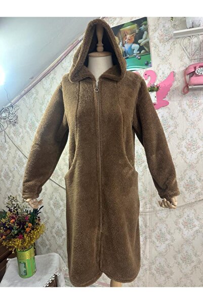 SENTEX Welsoft fermuarlı çepli bej uzun kapüşonlu hırka