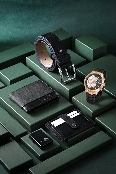 Polo Air Erkek Kol Saati Kemer Cüzdan Kartlık Çakmak Kombin Set Siyah Renk PL...