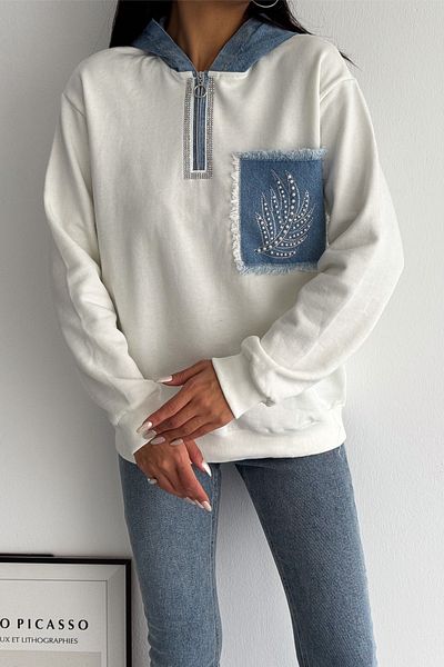 FEMELLE Denim Pearl and Stone Studded Cotton Oversize Sweatshirt with Hood and Pocket