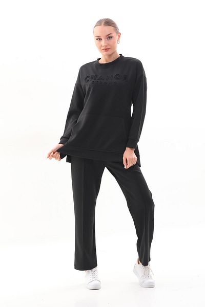 WestBound Γυναικείο ΜΑΥΡΟ Χρώμα Crew Neck Sweat Παντελόνι με φαρδύ πόδι Hijab Sport Σετ