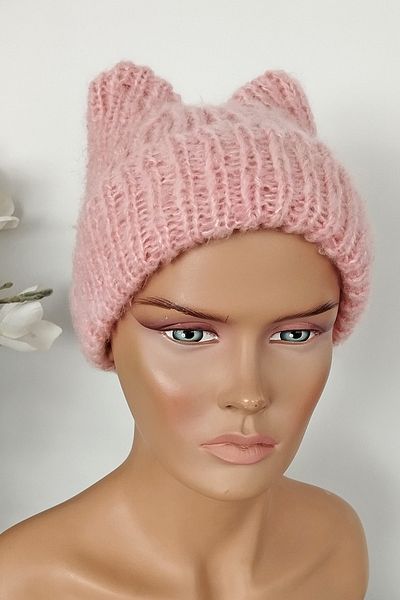 Vera Cat Eared Angora Wool Beret Hand Knitted Powder Pink Beret