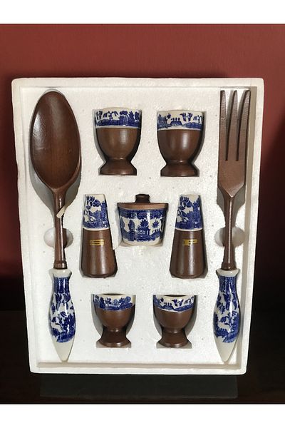 tayfuntufan antika koleksiyon 1970 ler Continental wood and ceramic breakfast set