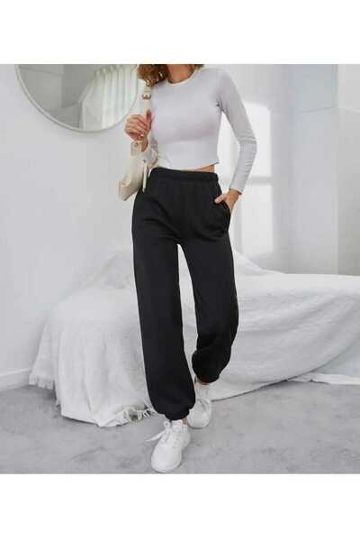 UYN SPORT Γυναικεία μαύρη φόρμα με ψηλόμεσο κορδόνι και ελαστική μέση