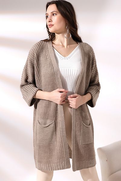 Devinka Cardigan de damă maro oversize model cu buzunar lung