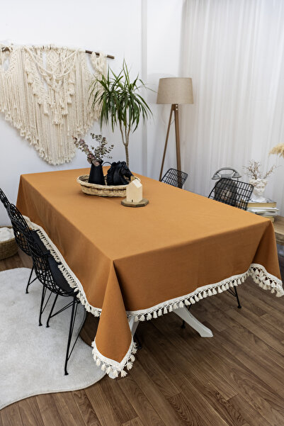 NDC HOME Tile Cinnamon Color Linen Raw Pompom Tablecloth