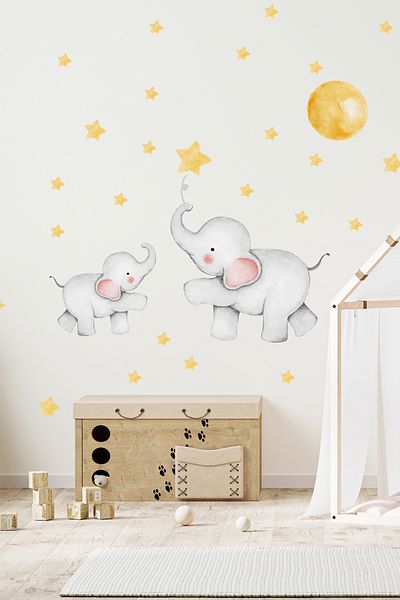 Sim Tasarım Mother Baby Soft Color Cute Elephants Kids Room Wall Sticker Set