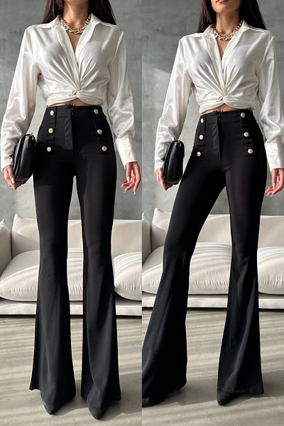 FEMELLE Pantaloni negri cu talie înaltă pentru femei, din țesătură creponată din lycra, cu nasturi, metalice, aurii
