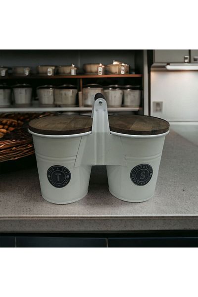 LUCKYHOMES Special Production Wooden Lid Tea Sugar Bucket 2 Pieces, Metal Pulses Bucket White 30x16