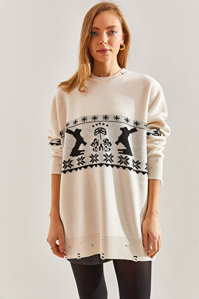 Bianco Lucci Women's Rabbit and Torn Patterned Knitwear Sweater